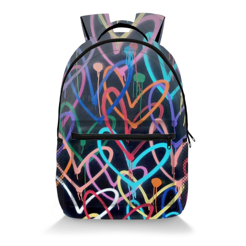 Graffiti mintás hátizsák poliészterből, légpárnás vállpántokkal, terheléscsökkentés és gerincvédelmet, középiskolás diákok számára