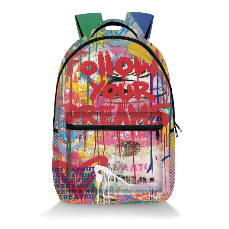 Graffiti mintás hátizsák poliészterből, légpárnás vállpántokkal, terheléscsökkentés és gerincvédelmet, középiskolás diákok számára