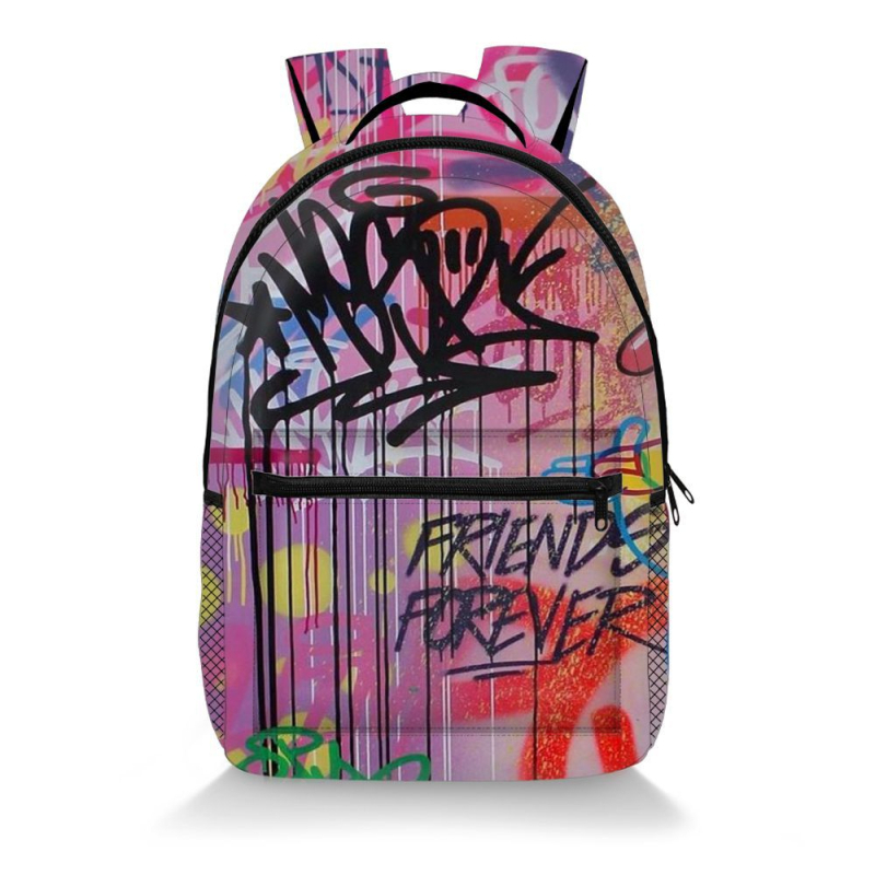 Graffiti mintás hátizsák poliészterből, légpárnás vállpántokkal, terheléscsökkentés és gerincvédelmet, középiskolás diákok számára