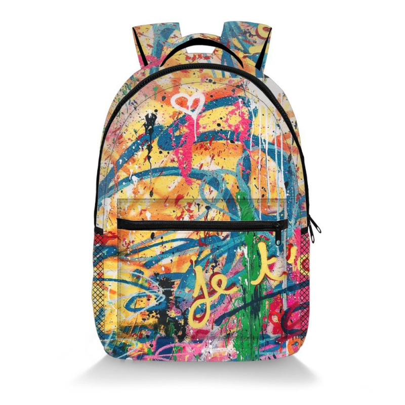 Graffiti mintás hátizsák poliészterből, légpárnás vállpántokkal, terheléscsökkentés és gerincvédelmet, középiskolás diákok számára