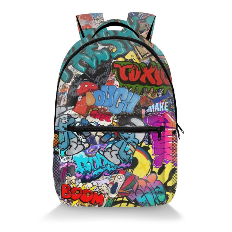 Graffiti mintás hátizsák poliészterből, légpárnás vállpántokkal, terheléscsökkentés és gerincvédelmet, középiskolás diákok számára