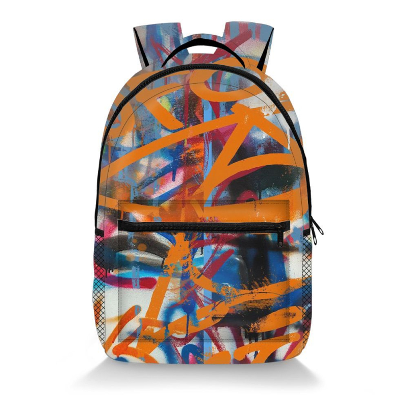 Graffiti mintás hátizsák poliészterből, légpárnás vállpántokkal, terheléscsökkentés és gerincvédelmet, középiskolás diákok számára