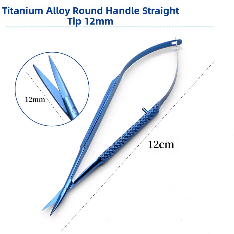 Очни ножици за роговица – микрохирургически инструмент с прави и извити режещи ръбове; неръждаема стомана и титиева сплав, марка Kang Hong