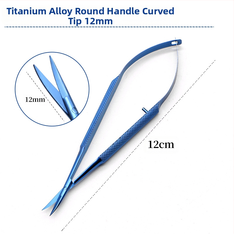 Очни ножици за роговица – микрохирургически инструмент с прави и извити режещи ръбове; неръждаема стомана и титиева сплав, марка Kang Hong