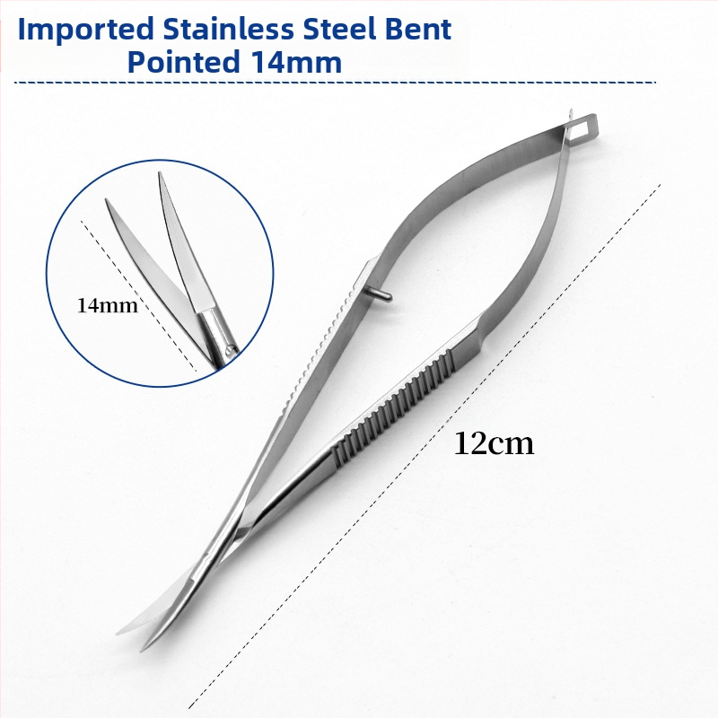 Очни ножици за роговица – микрохирургически инструмент с прави и извити режещи ръбове; неръждаема стомана и титиева сплав, марка Kang Hong