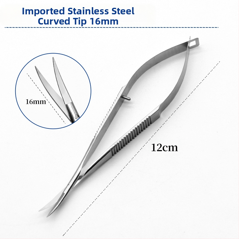 Очни ножици за роговица – микрохирургически инструмент с прави и извити режещи ръбове; неръждаема стомана и титиева сплав, марка Kang Hong