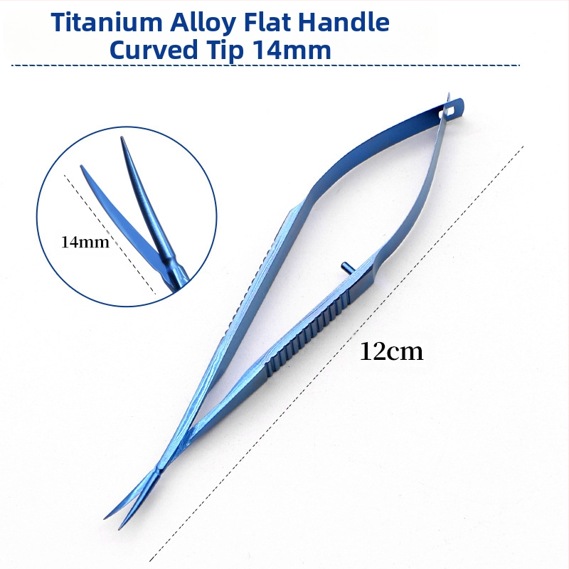 Очни ножици за роговица – микрохирургически инструмент с прави и извити режещи ръбове; неръждаема стомана и титиева сплав, марка Kang Hong