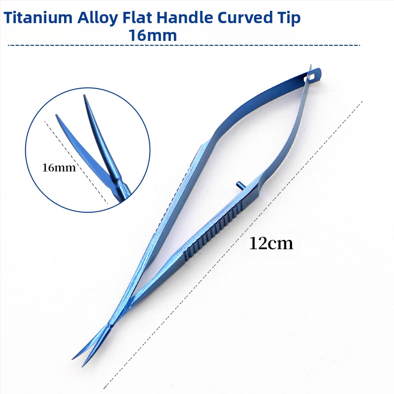 Очни ножици за роговица – микрохирургически инструмент с прави и извити режещи ръбове; неръждаема стомана и титиева сплав, марка Kang Hong