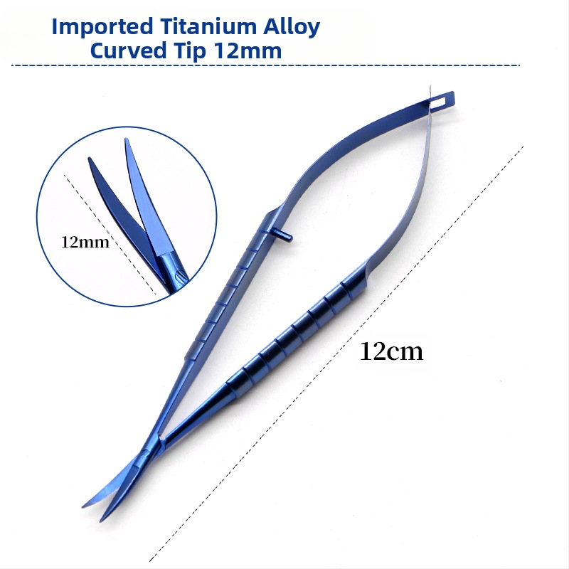 Очни ножици за роговица – микрохирургически инструмент с прави и извити режещи ръбове; неръждаема стомана и титиева сплав, марка Kang Hong