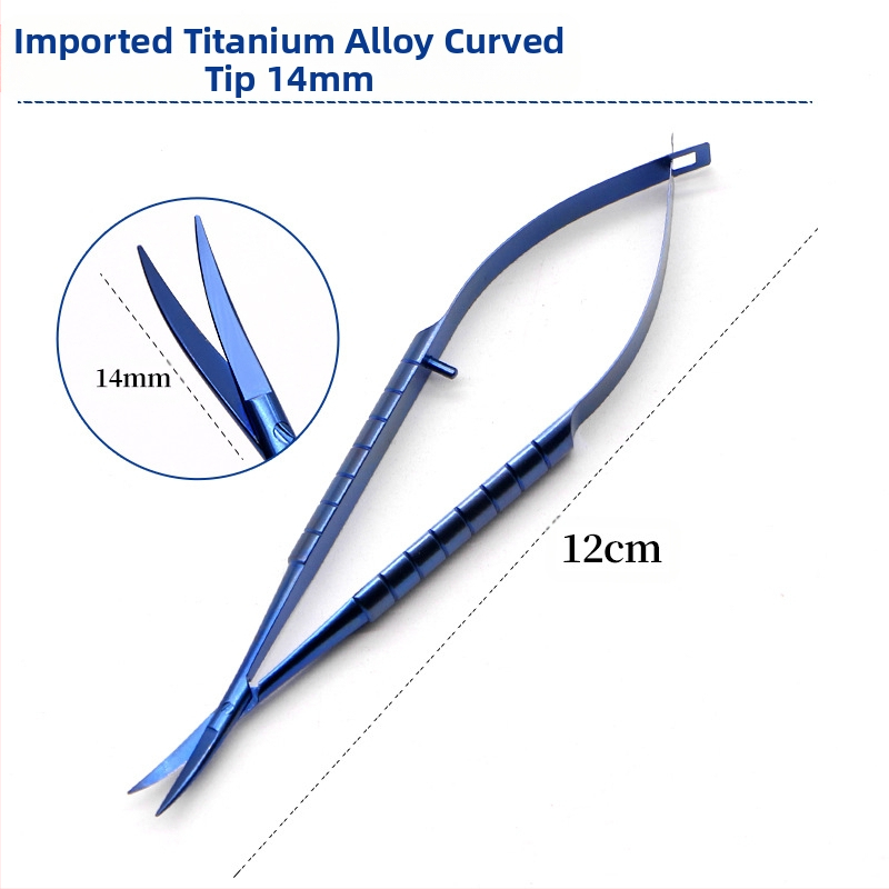 Очни ножици за роговица – микрохирургически инструмент с прави и извити режещи ръбове; неръждаема стомана и титиева сплав, марка Kang Hong