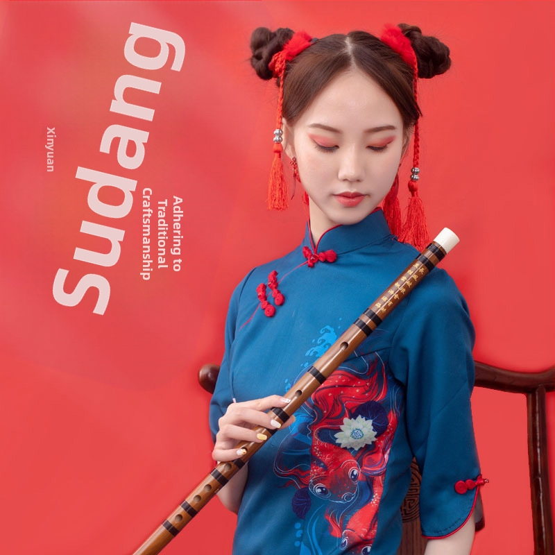 Флейта - античен стил, напречна бамбукова флейта; едночастова модел; опакована в платнена чанта; произход Хунан Нанюе