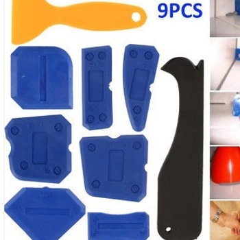 Σετ 9 τεμαχίων: γωνιακός scraper, διανομέας κόλλας, scraper αρμών γυαλιού, εργαλείο αρμών πλακιδίων; υλικό: πλαστικό + σιλικόνη