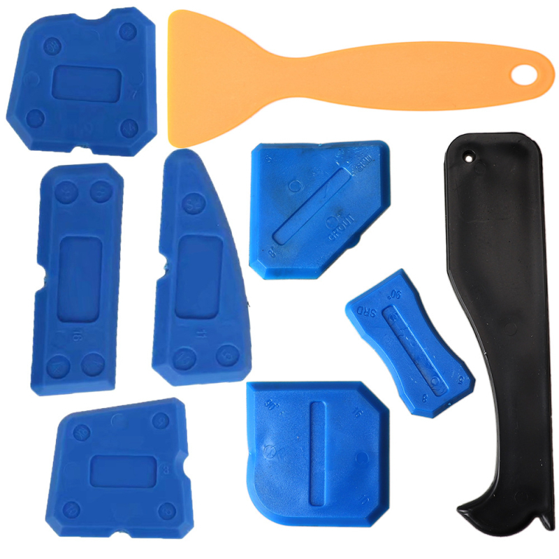 9-dijelni set: kutni scraper, razdjelič ljepila, scraper spojeva stakla, alat za spojeve pločica; materijal: plastika + silikon