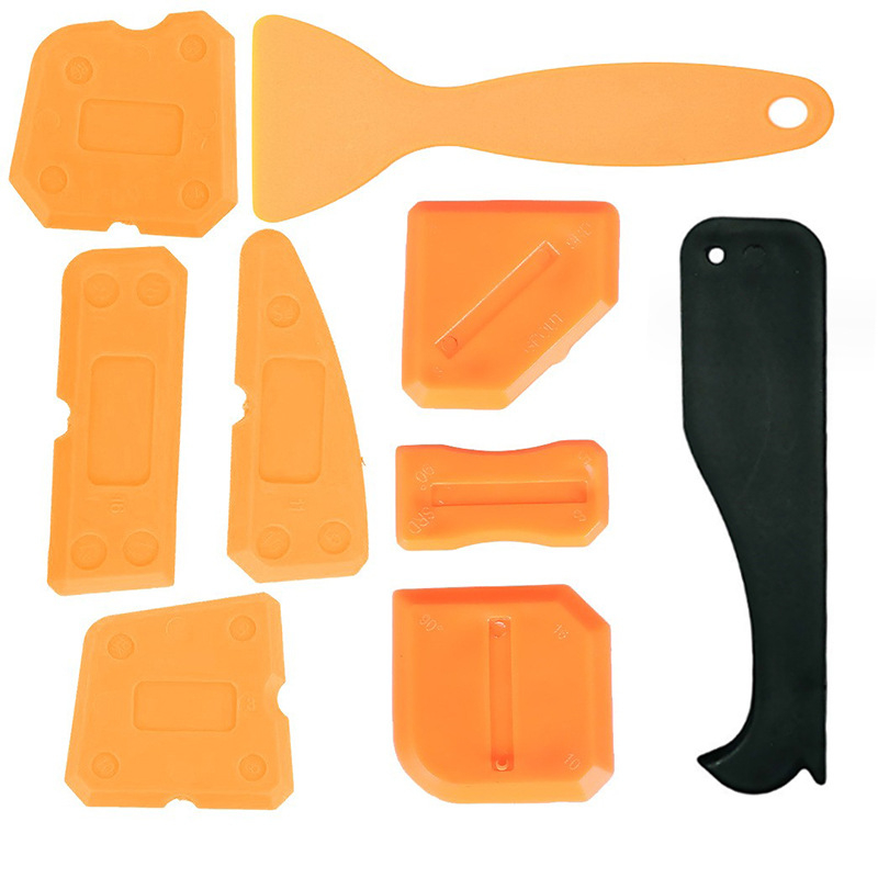 9-dijelni set: kutni scraper, razdjelič ljepila, scraper spojeva stakla, alat za spojeve pločica; materijal: plastika + silikon