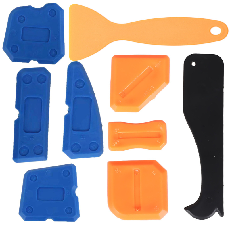 9-dijelni set: kutni scraper, razdjelič ljepila, scraper spojeva stakla, alat za spojeve pločica; materijal: plastika + silikon