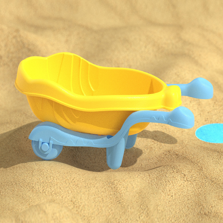 Paplūdimių smėlio žaidimų komplektas su sulankstomu kibiru, kastuvu ir smėlio laikrodžio priedais – iš plastiko, vaikams 4–6 metų
