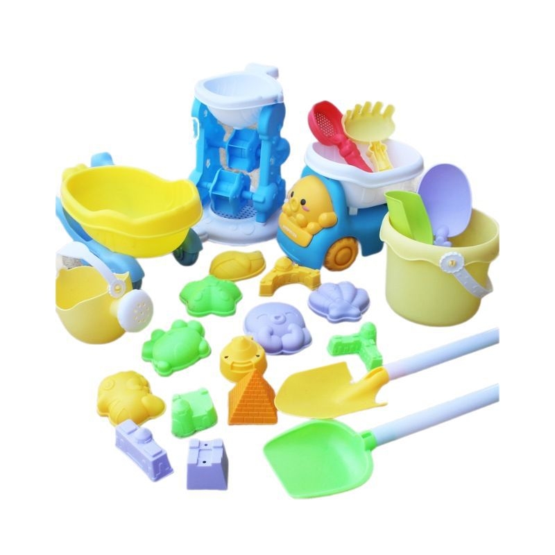 Paplūdimių smėlio žaidimų komplektas su sulankstomu kibiru, kastuvu ir smėlio laikrodžio priedais – iš plastiko, vaikams 4–6 metų