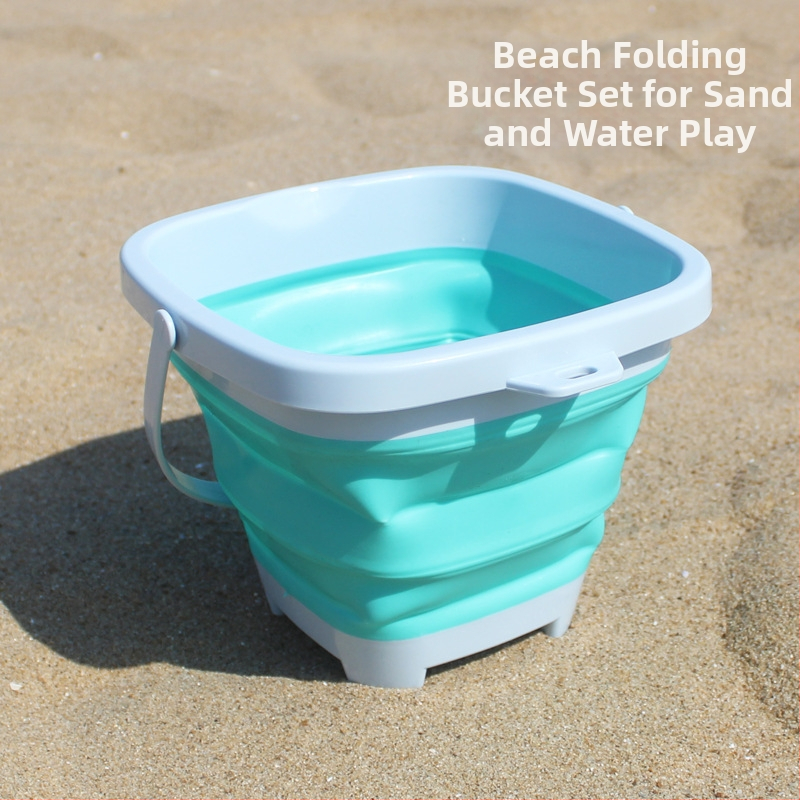 Paplūdimių smėlio žaidimų komplektas su sulankstomu kibiru, kastuvu ir smėlio laikrodžio priedais – iš plastiko, vaikams 4–6 metų