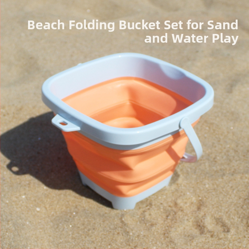 Paplūdimių smėlio žaidimų komplektas su sulankstomu kibiru, kastuvu ir smėlio laikrodžio priedais – iš plastiko, vaikams 4–6 metų