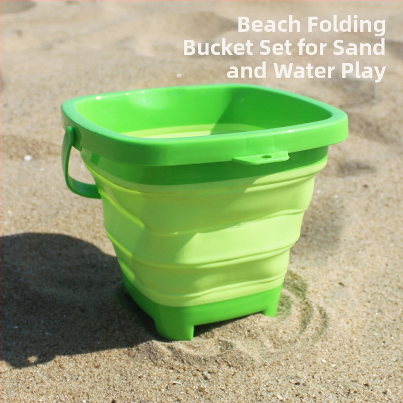 Paplūdimių smėlio žaidimų komplektas su sulankstomu kibiru, kastuvu ir smėlio laikrodžio priedais – iš plastiko, vaikams 4–6 metų