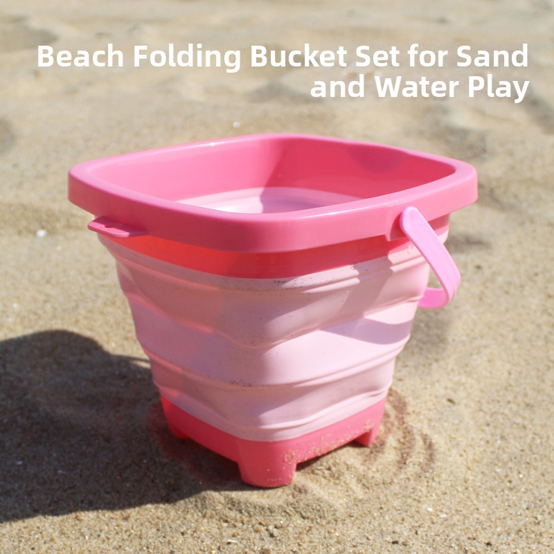 Paplūdimių smėlio žaidimų komplektas su sulankstomu kibiru, kastuvu ir smėlio laikrodžio priedais – iš plastiko, vaikams 4–6 metų