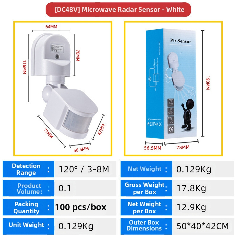Infraraudonųjų spindulių žmogaus kūno jutiklio jungiklis, iki 300V, atidėjimo laikas 10–300 s, vidiniam naudojimui