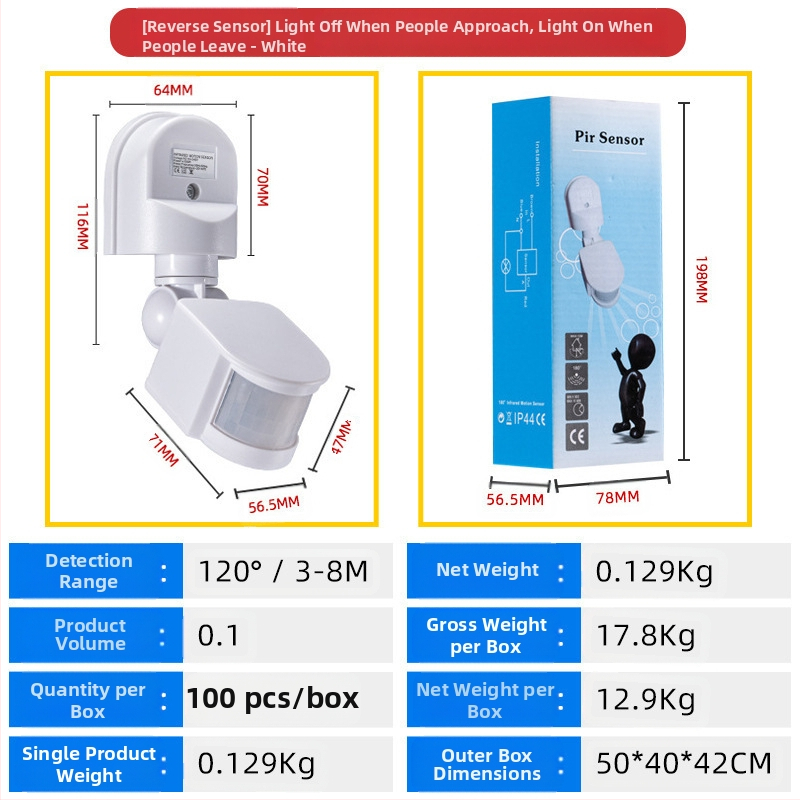 Infraraudonųjų spindulių žmogaus kūno jutiklio jungiklis, iki 300V, atidėjimo laikas 10–300 s, vidiniam naudojimui