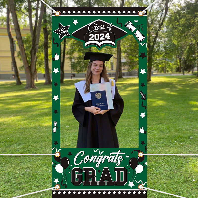 Absolventų iškirptinis durų fotobanneris — poliesteris, vakarėlių stilius, nuotraukų rėmo baneris, vietos dekoravimo rekvizitai