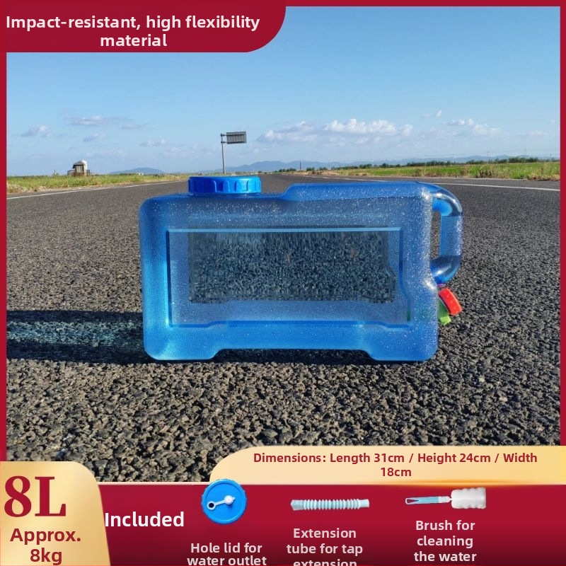 Kvadratinis vandens kibiras lauko kelionėms automobiliu, plastikinis, su čiaupu, plataus burnos atidarymu, vandens saugojimo talpa