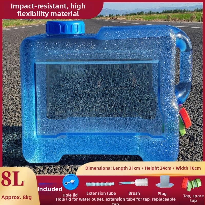 Kvadratinis vandens kibiras lauko kelionėms automobiliu, plastikinis, su čiaupu, plataus burnos atidarymu, vandens saugojimo talpa