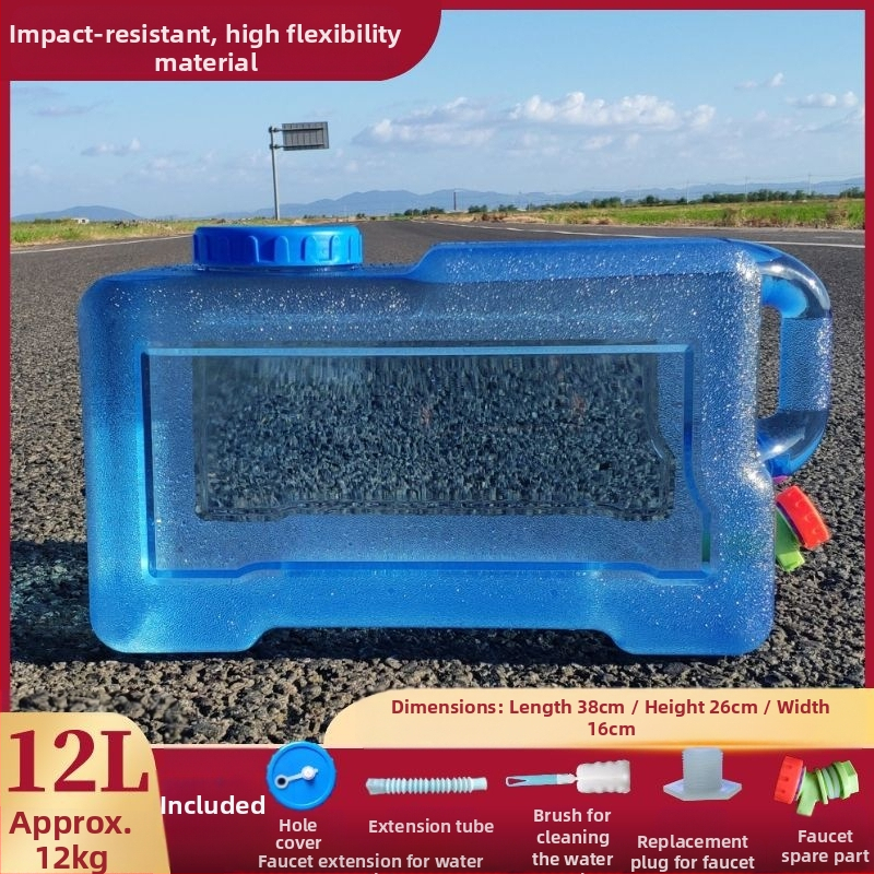 Kvadratinis vandens kibiras lauko kelionėms automobiliu, plastikinis, su čiaupu, plataus burnos atidarymu, vandens saugojimo talpa