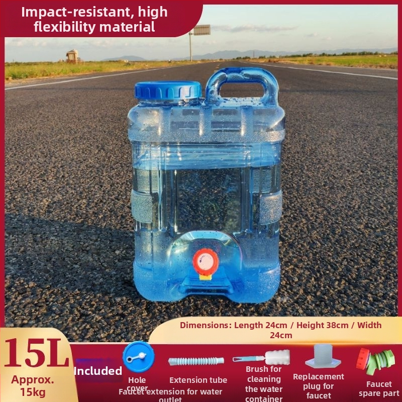 Kvadratinis vandens kibiras lauko kelionėms automobiliu, plastikinis, su čiaupu, plataus burnos atidarymu, vandens saugojimo talpa