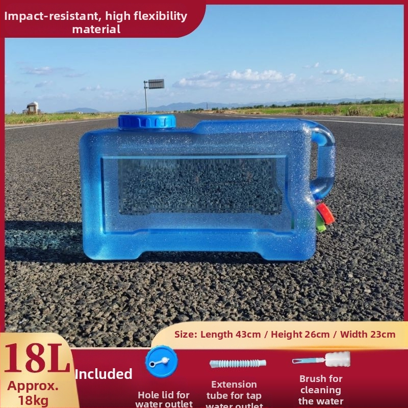 Kvadratinis vandens kibiras lauko kelionėms automobiliu, plastikinis, su čiaupu, plataus burnos atidarymu, vandens saugojimo talpa