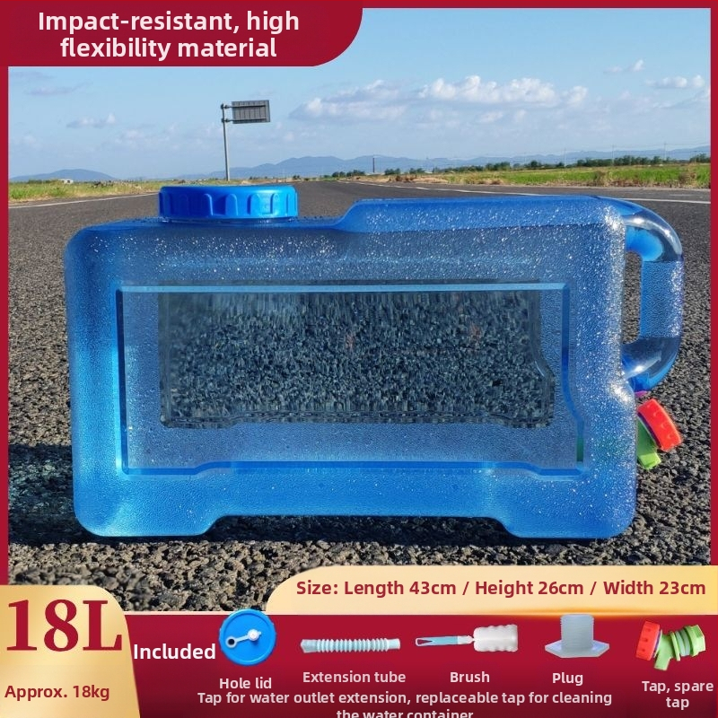 Kvadratinis vandens kibiras lauko kelionėms automobiliu, plastikinis, su čiaupu, plataus burnos atidarymu, vandens saugojimo talpa
