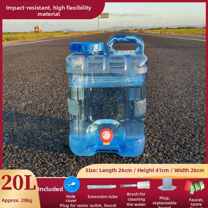 Kvadratinis vandens kibiras lauko kelionėms automobiliu, plastikinis, su čiaupu, plataus burnos atidarymu, vandens saugojimo talpa
