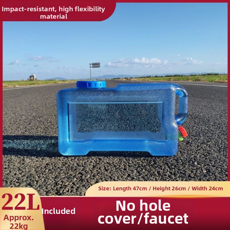 Kvadratinis vandens kibiras lauko kelionėms automobiliu, plastikinis, su čiaupu, plataus burnos atidarymu, vandens saugojimo talpa