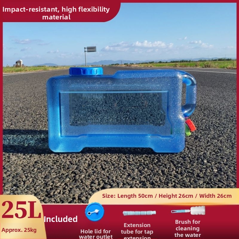 Kvadratinis vandens kibiras lauko kelionėms automobiliu, plastikinis, su čiaupu, plataus burnos atidarymu, vandens saugojimo talpa