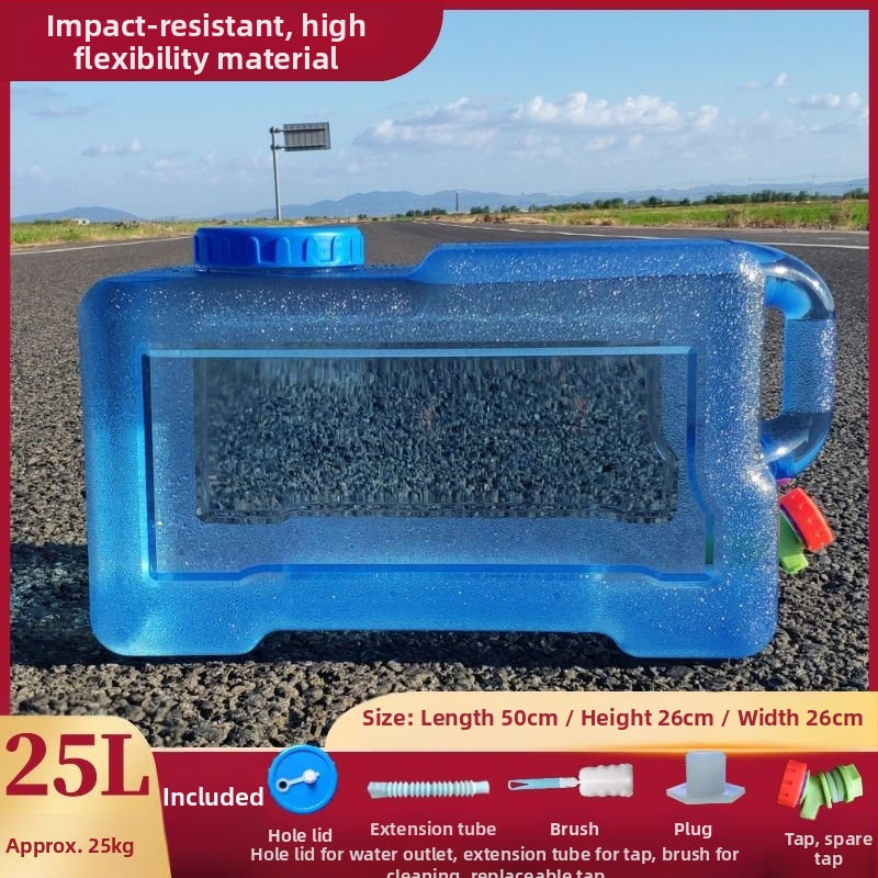 Kvadratinis vandens kibiras lauko kelionėms automobiliu, plastikinis, su čiaupu, plataus burnos atidarymu, vandens saugojimo talpa