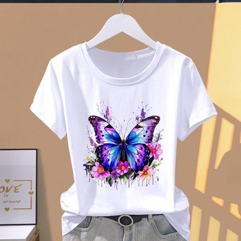 Γυναικεία μπλούζα από modal με φλοράλ εκτύπωση, κοντά μανίκια, στρογγυλός λαιμός, άνετη γραμμή