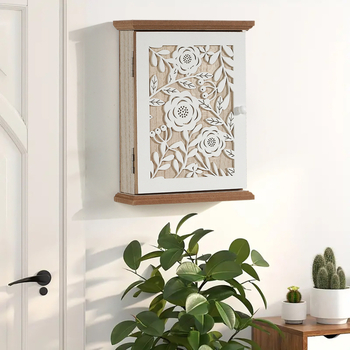 Atslēgu uzglabāšanas kaste, koka, sienas montāža, augu raksts, japāņu stils