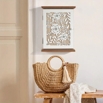 Atslēgu uzglabāšanas kaste, koka, sienas montāža, augu raksts, japāņu stils