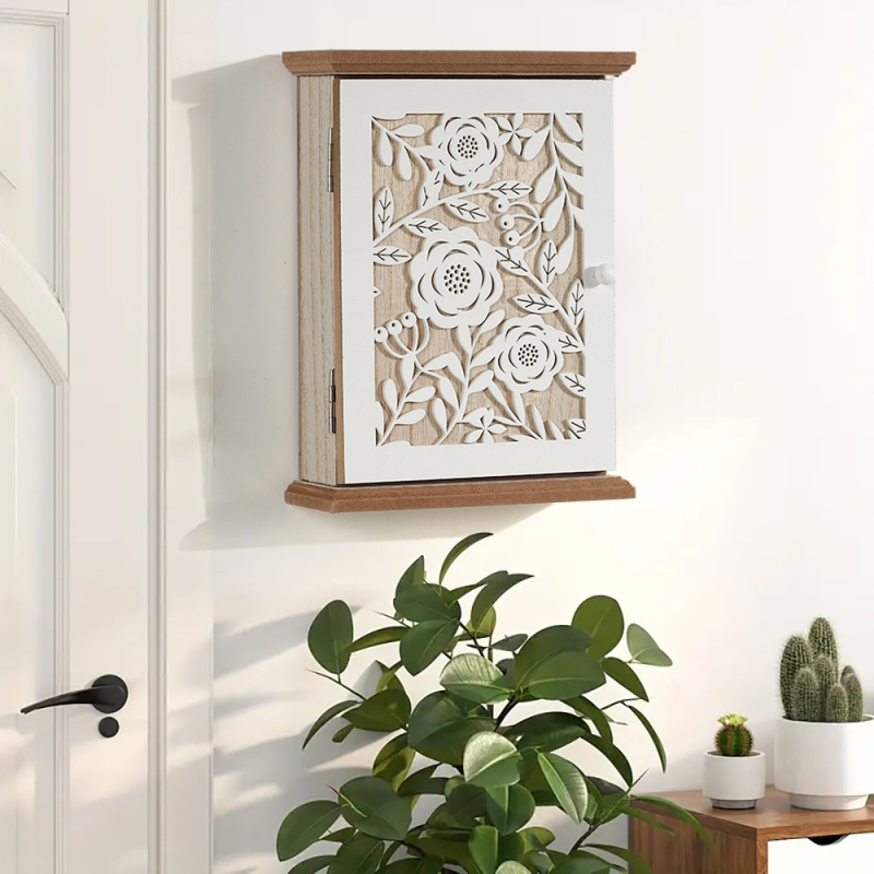 Atslēgu uzglabāšanas kaste, koka, sienas montāža, augu raksts, japāņu stils