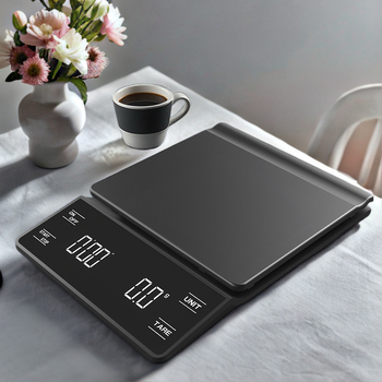 HXC-6002 Elektroninės kavos svarstyklės su laikmačiu - tikslus matavimas; talpa 3 kg/0,1 g; matmenys 180×130×30 mm; elektroninis matavimas; funkcijos: laikmatis ir svarstymas; maitinimas: baterija/USB