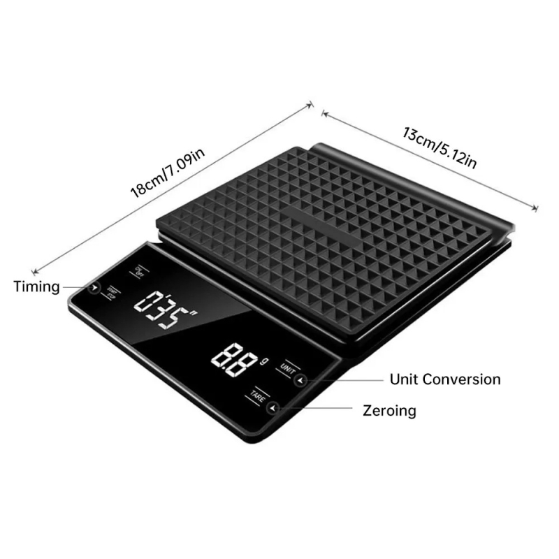 HXC-6002 Elektroninės kavos svarstyklės su laikmačiu - tikslus matavimas; talpa 3 kg/0,1 g; matmenys 180×130×30 mm; elektroninis matavimas; funkcijos: laikmatis ir svarstymas; maitinimas: baterija/USB