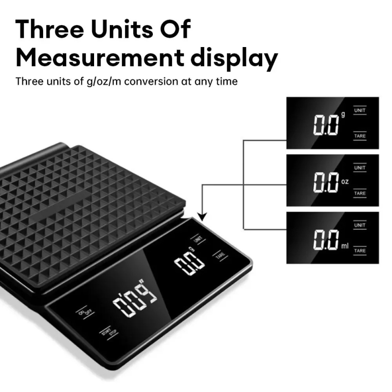 HXC-6002 Elektroninės kavos svarstyklės su laikmačiu - tikslus matavimas; talpa 3 kg/0,1 g; matmenys 180×130×30 mm; elektroninis matavimas; funkcijos: laikmatis ir svarstymas; maitinimas: baterija/USB
