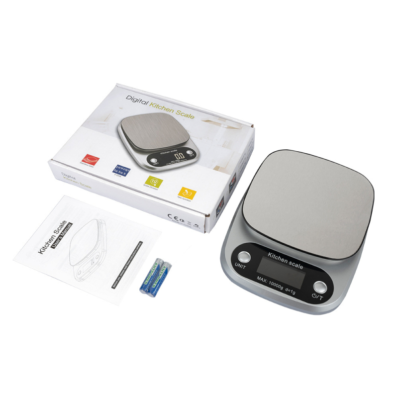 Virtuvės elektroninis svertas K305, 10 kg talpa, korpusas iš nerūdijančio plieno/ABS plastiko/aliuminio, elektroninis matavimas, maitinimas baterijomis (sausai baterijai arba įkraunamai Ličio baterijai).