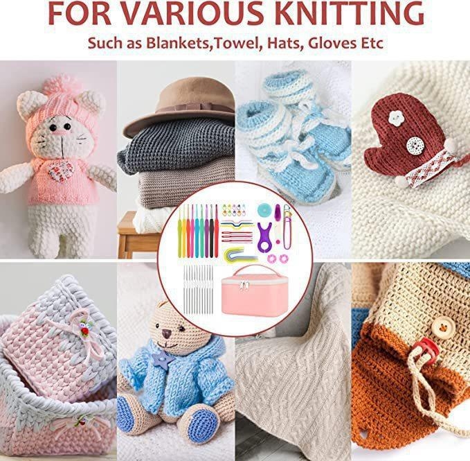 62 dalių mezgimo ir nėrimo rinkinys su siūlais, mezgimo adata, įrankiais ir saugojimo dėžute