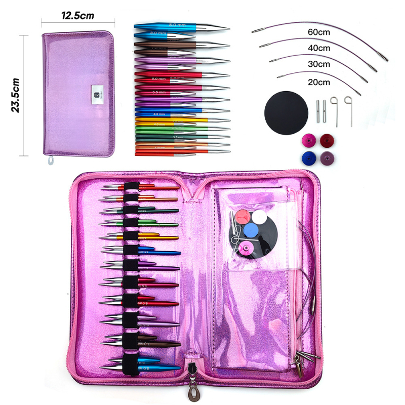 Αλουμινίου κυκλικές βελόνες πλεξίματος με αποσπώμενα μανίκια, σετ 12 τεμάχια