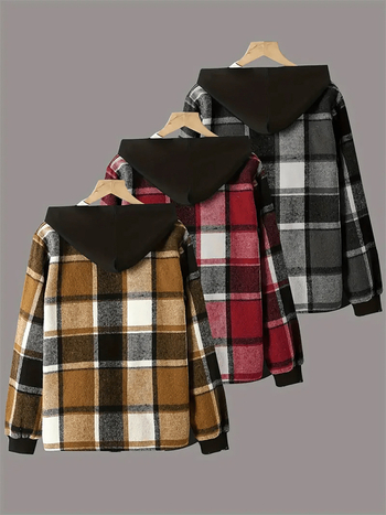 Gyerekeknek készült brit stílusú kockás kapucnis ingdzseki, 3 részes készlet, poliészter