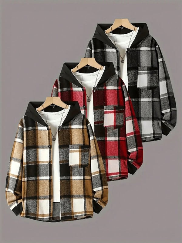 Gyerekeknek készült brit stílusú kockás kapucnis ingdzseki, 3 részes készlet, poliészter
